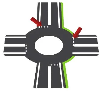 a pavement marking indicating right-of-way rules at a roundabout.