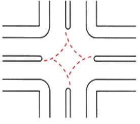 a pavement marking guiding vehicles through intersection turns.